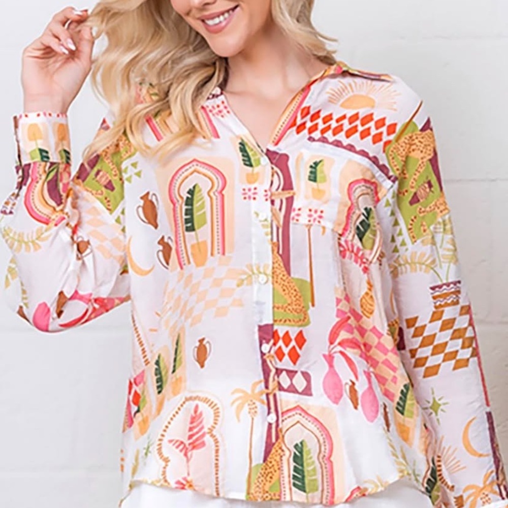 Peach Vibrant pink yellow casual button up lightweight‎ size large